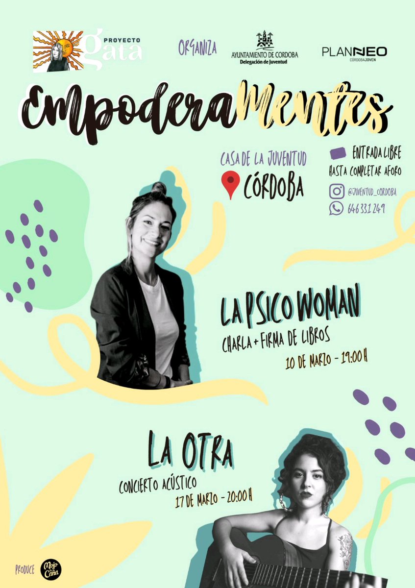 mojodecana's tweet photo. #CÓRDOBA 📣 @planneocordoba  Vuelve #EmpoderaMentes #ProyectoGata

📆10/03 ⏰19h 
🗣️#lapsicowoman
Charla y firma de libros

📆17/03 ⏰20h
🎙️@laotra_oficial
Concierto acústico

ℹ️Entrada libre, hasta completar aforo

Organiza 🔵@planneocordoba 
Produce @mojodecana

@cintiabustos_ https://t.co/GEP78RaYdE
