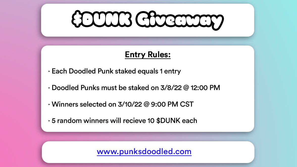We are giving away 100 $DUNK (Doodled Punks Utility Coin) and here is what all you have to do.. 🥩

punksdoodled.com