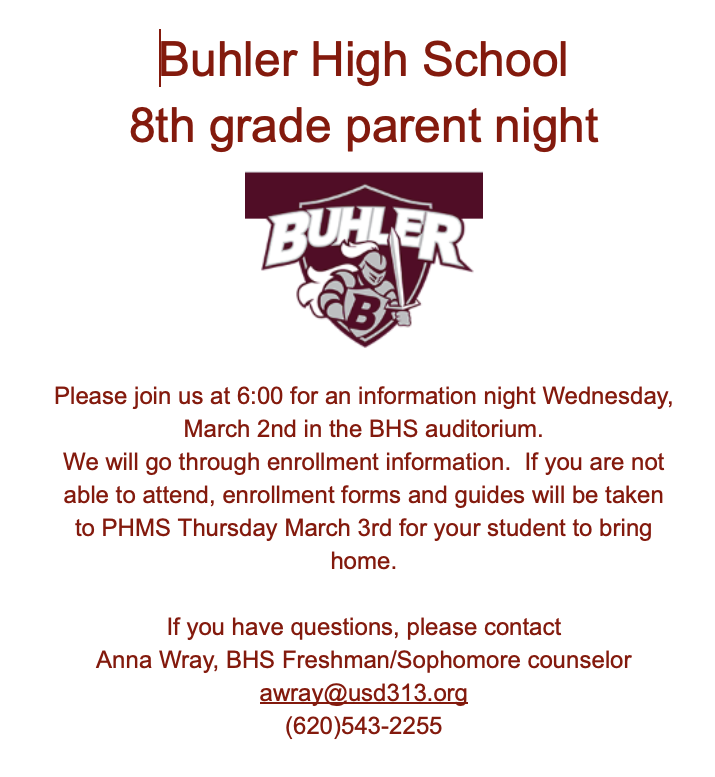 BuhlerUSD313's tweet photo. 8th Grade Parent Night is coming up at BHS at 6:00pm on March 2nd! See the flyer for details. https://t.co/Q5Mi74dR0f