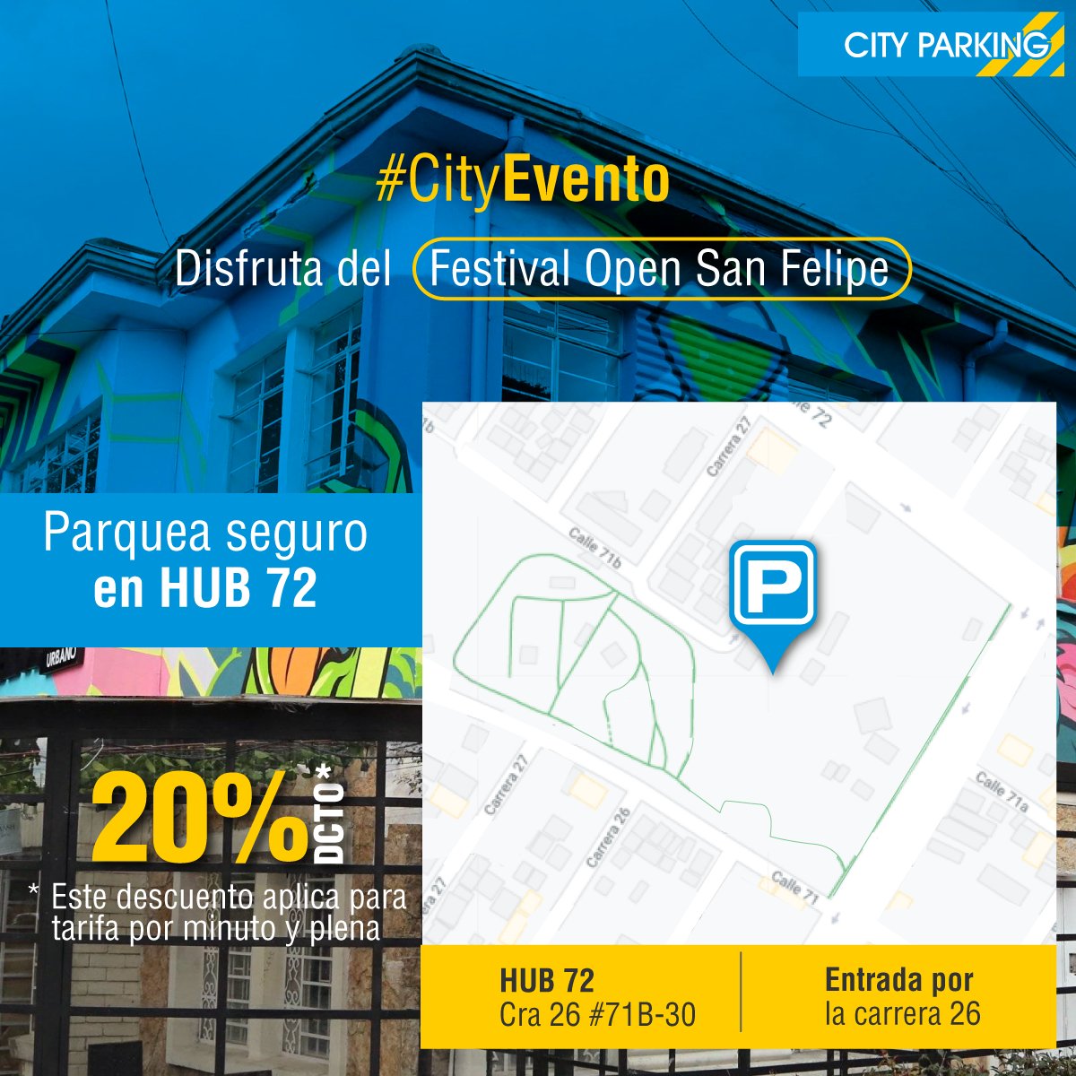 indigoparksas's tweet photo. #ProgramaciónCityParking 📅
Disfruta del Open San Felipe @FestivalOpenSanFelipe 🤩 próximo 26 y 27 de Febrero
Estaciona cerca a este evento y deja tu vehículo seguro al cuidado de nuestros operarios en
📍 City Parking - Hub 72 - Cra 26 #71B-30
https://t.co/yrRcNtDqqh https://t.co/thrOE0slZa