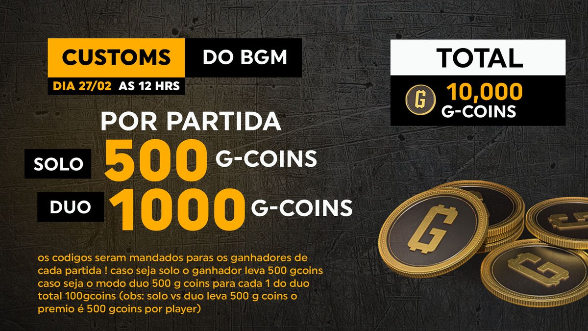Ta avisado 👀 !! domingo customs no <a href="/PUBG_BR/">PUBG: BATTLEGROUNDS Brasil</a>  valendo 10.000 GCOINS 
RT= LINDO(A)