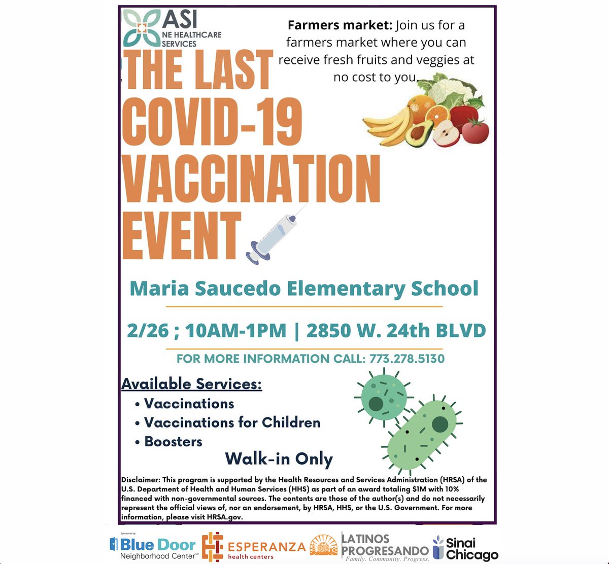 Happy Friday! Tomorrow Latinos Progresando along with Blue Door Neighborhood Center, <a href="/EsperanzaHealth/">Esperanza Health Centers</a>, and <a href="/SinaiChicago/">Sinai Chicago</a> will be joining <a href="/SaucedoAcademy/">Maria Saucedo Scholastic Academy</a> on their last Covid-19 Vaccination event provided by ASI Healthcare Services.