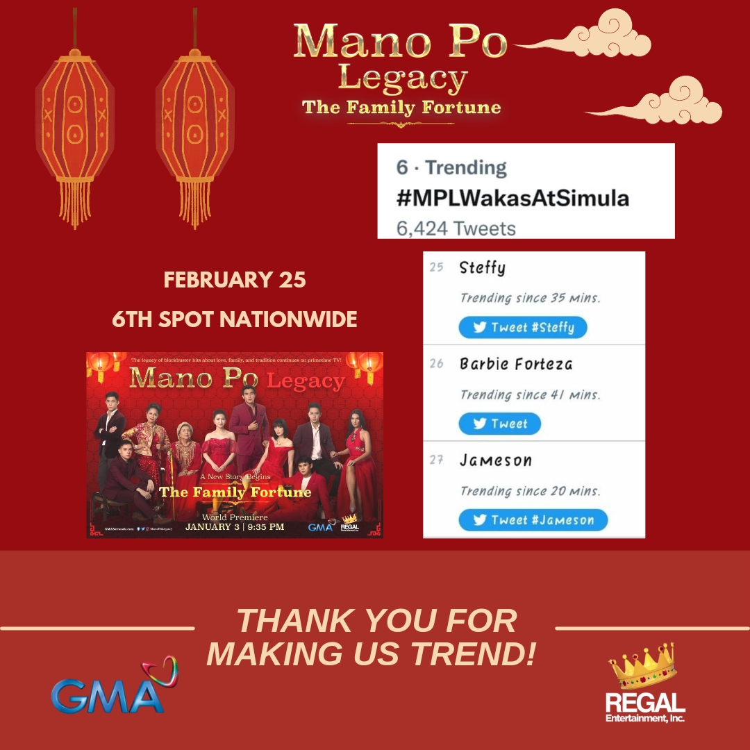 ManoPoLegacy's tweet photo. Trending ang #MPLWakasAtSimula at 6th spot nationwide! Trending din sina Steffy, Jameson at Barbie Forteza. Congratulations to everyone! โค https://t.co/uem2iFH2Y3