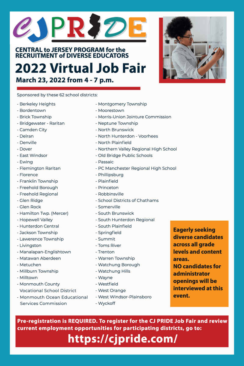WHRHS_HR's tweet photo. Watchung Hills Regional High School looks forward to meeting future educators at the annual CJPRIDE job fair.  Registration opens March 1, 2022. https://t.co/D1MOgUqzBg