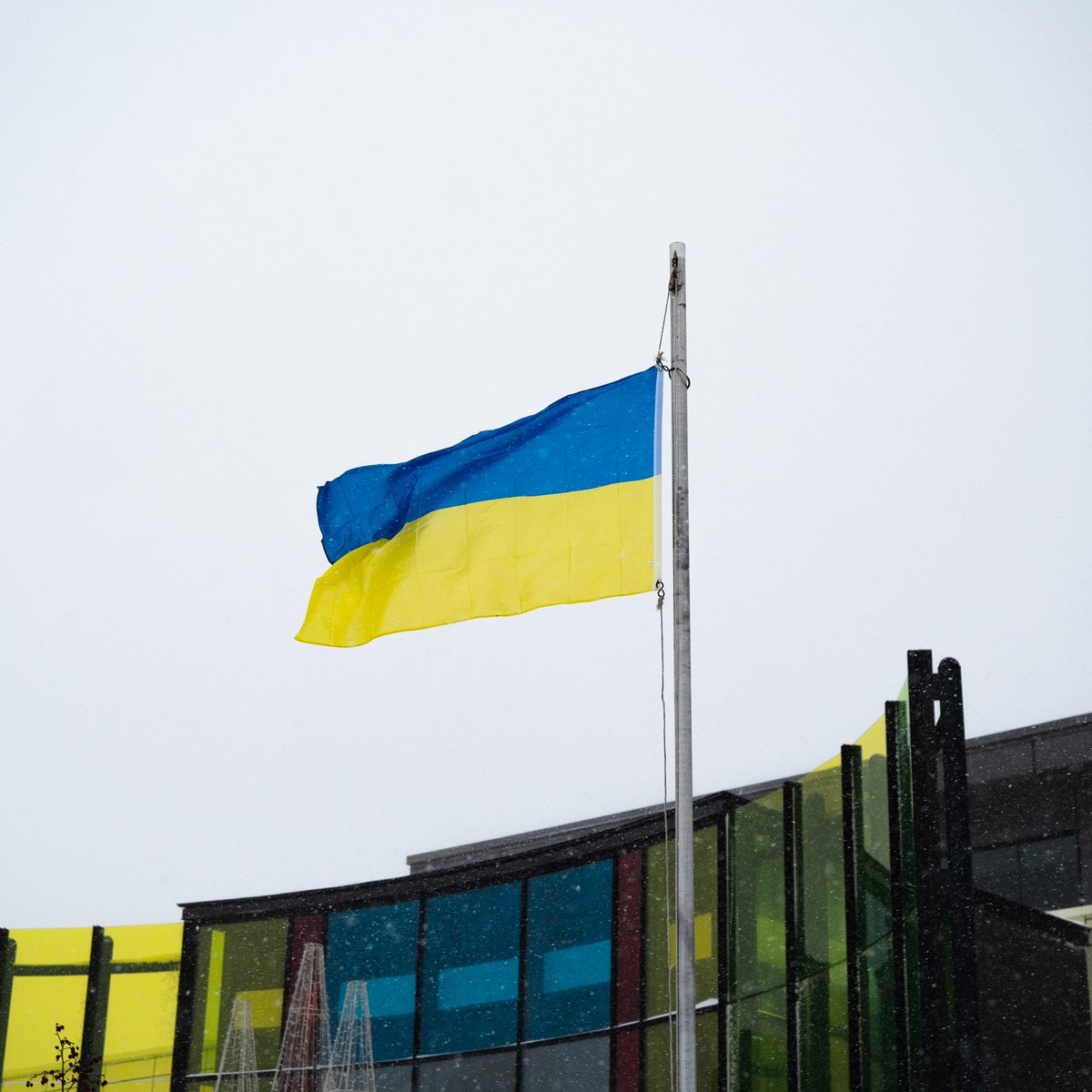 CathFournierQc's tweet photo. Nous venons de hisser le drapeau ukrainien sur le mât protocolaire de l'hôtel de ville, en guise de solidarité. 

Comme le Québec se prépare à ouvrir ses portes à des réfugiés, la @VilleLongueuil lèvera la main pour contribuer à accueillir ces personnes comme il se doit. #polmun https://t.co/aRcNH9VSF5
