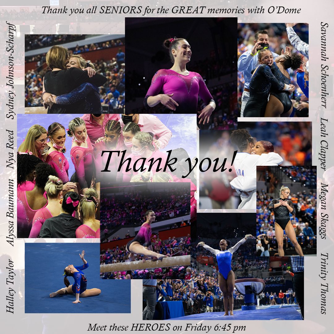 OConnellCenter's tweet photo. Thank you so much for the GREAT memories with US 😊
.
COME out and SUPPORT all @GatorsGym SENIORS ✨
.
TONIGHT 6:45 pm at the #Odome 💙🧡
.
#GoGators #SeniorNight #SECchampion https://t.co/yXOrFIO9bz