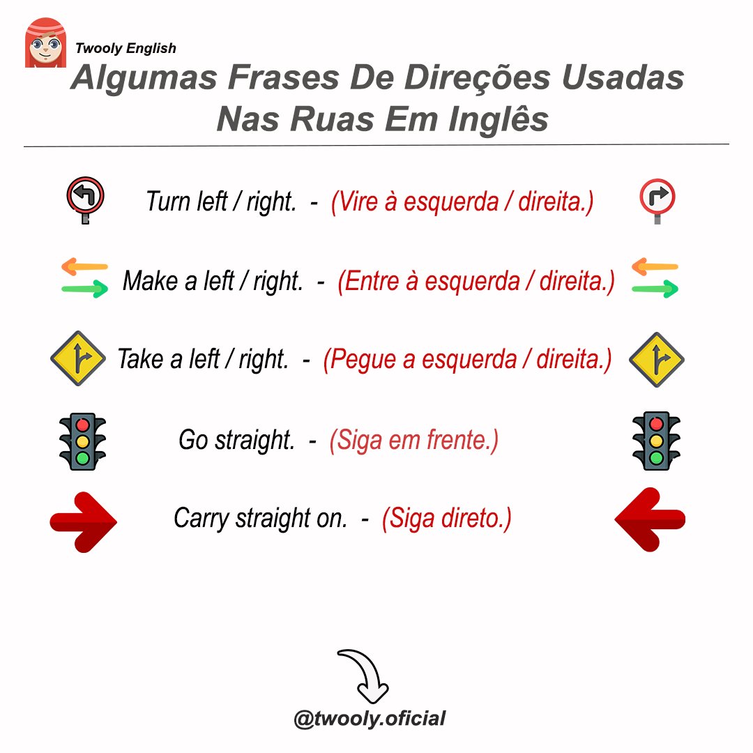 Twooly4's tweet photo. Algumas frases de direções usadas nas ruas em inglês
#palvrasusadasemingles #auladeingles #inglesonline https://t.co/ytTxKWNrIR