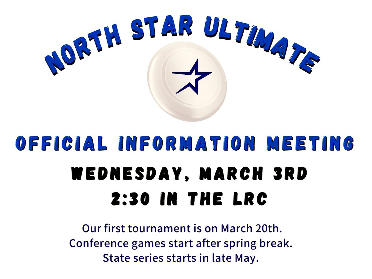Our season is almost here!! If you’re interested in playing competitive Ultimate, please attend our info. meeting on Wednesday, March 2nd at 2:30 in the LRC. All are welcome!! <a href="/bluefangroup/">SCN Blue Fan Group</a> <a href="/SCNBoosters/">SCN Athletic Boosters</a> @STCNSports <a href="/StCharlesNorth/">St. Charles North HS</a>