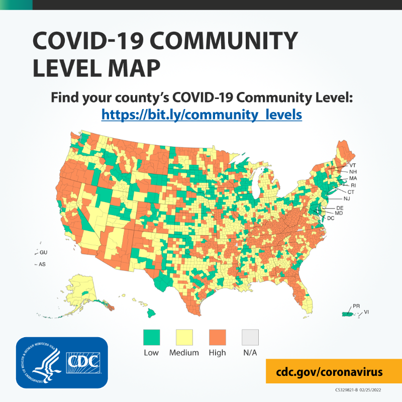 CDCgov's tweet photo. CDC is updating #COVID19 community recommendations.

CDC’s new COVID-19 Community Level tool classifies every county in the US into low, medium, or high, with recommended prevention measures for each level.

Check your area’s level and learn more here: https://t.co/UZxX67a6M3.