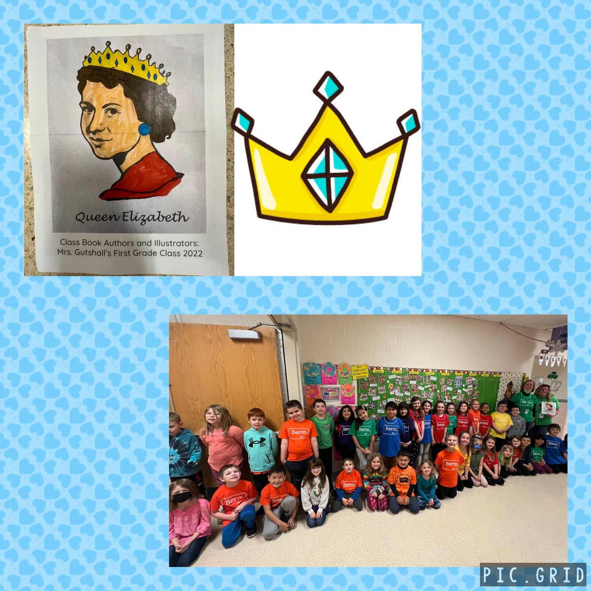 TeachAiello's tweet photo. Mrs. Gutshall’s ENTIRE first grade class surprised us as our mystery readers today! They chose a topic to research (Queen Elizabeth) &amp; then wrote &amp; illustrated a class book. They proudly shared their class book with our class. We were quite impressed with their writing skills! 👑 https://t.co/uPSvUnhirL