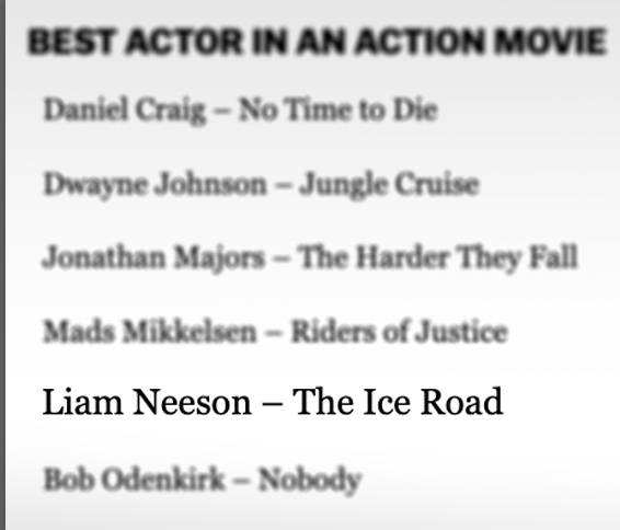 Congratulations to Liam Neeson on being nominated for "Best Actor in an Action Movie" for his role in The Ice Road by the 
Critics Choice #SuperAwards!