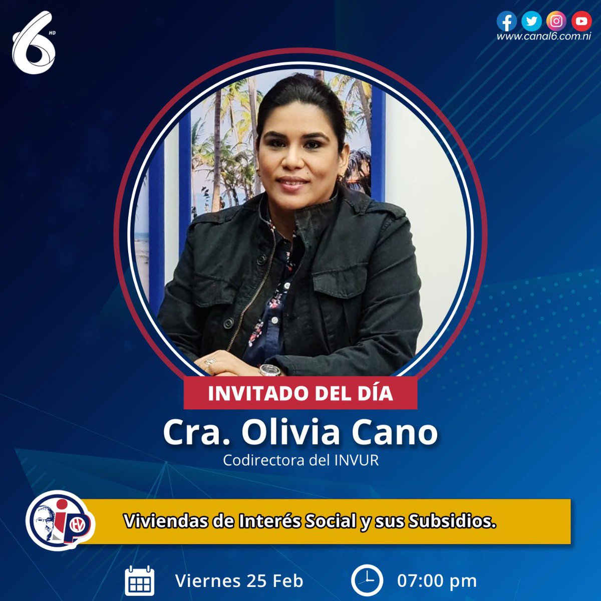Canal6Nicaragua's tweet photo. En nuestro programa #InformePastranTv, nos estará acompañando la Codirectora del INVUR, Cro. Olivia Cano, para darnos a conocer todos los detalles de los planes de vivienda de interes social y subsidios que impulsa el Gobierno .
https://t.co/BDmqWjBjEo https://t.co/fvdC5FT0vV
