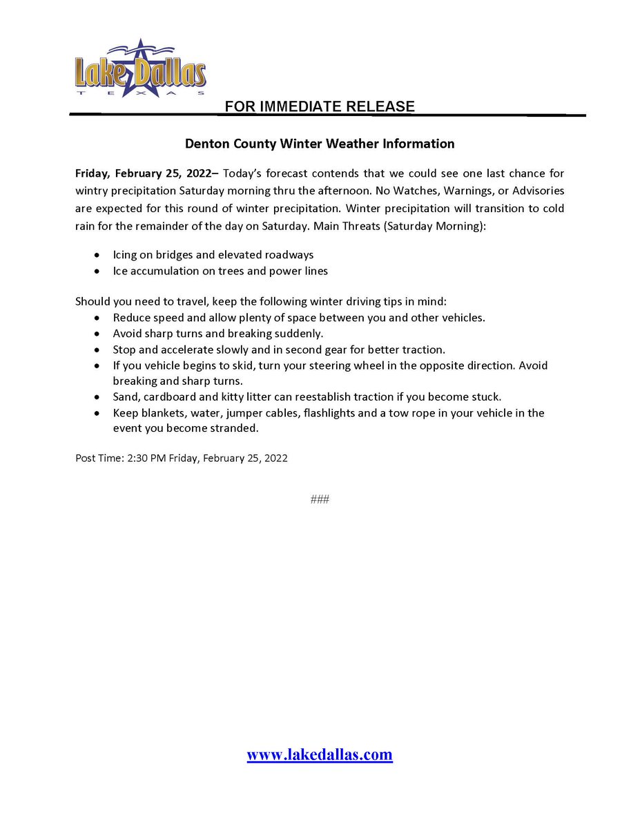 CityLakeDallas's tweet photo. See below for remaining winter weather forecasts and driving tips. All information can be found at: https://t.co/twlFTxaMJk
#lakedallas https://t.co/gSRlQ0aA1C