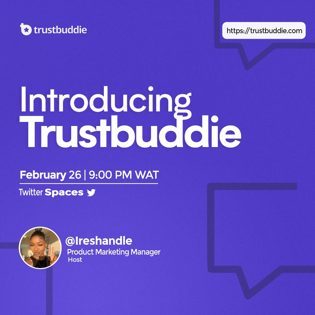 Trustbuddie_'s tweet photo. Join us this Sunday on Twitter Spaces. We want to get to know you and we want you to officially meet the team behind #trustbuddie Kindly retweet and follow us if you aren’t already. https://t.co/eXbQsoBKxZ