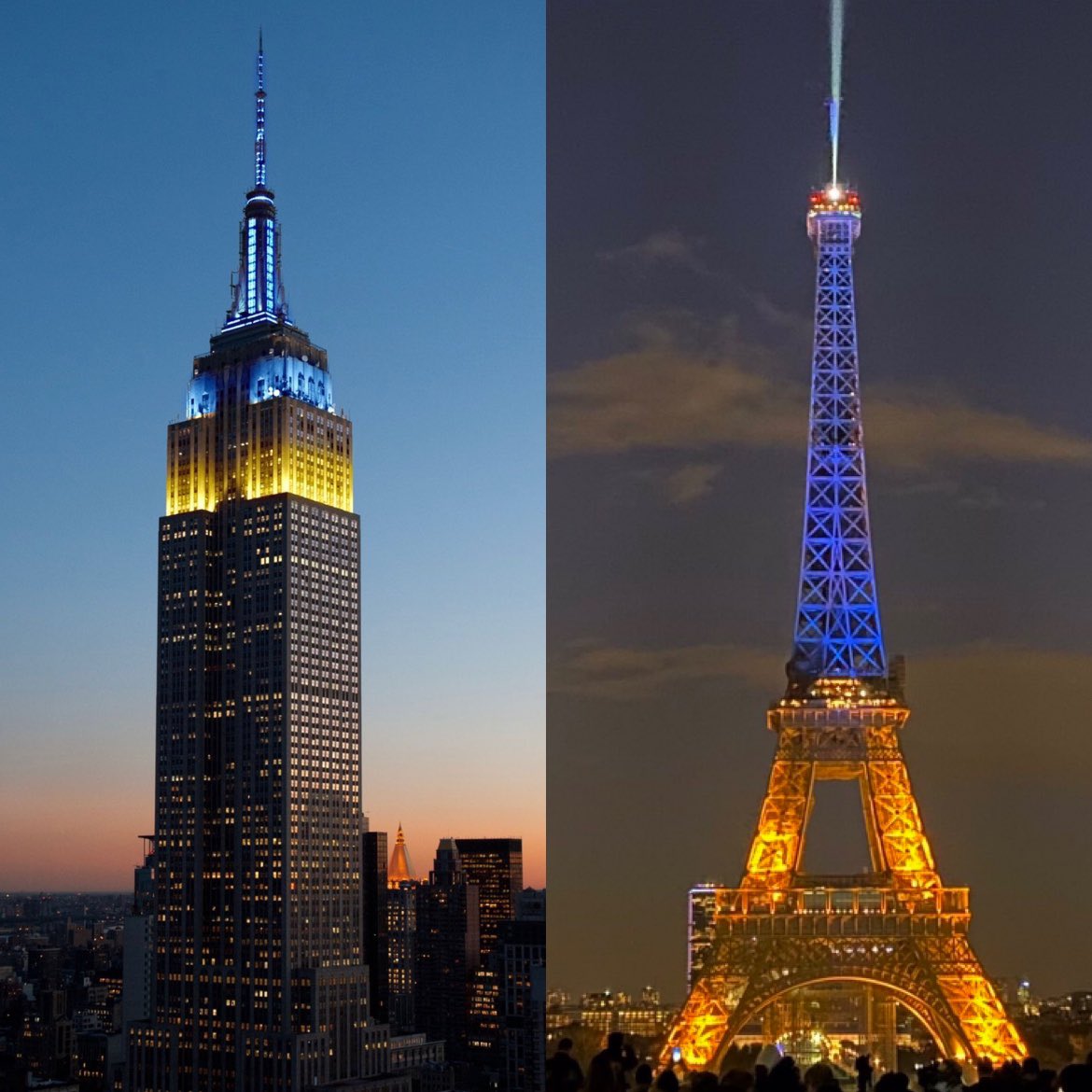 caterina39's tweet photo. This evening in NYC or in Paris in solidarity for the Ukrainian people 💙🇺🇦💛 #empirestatebuilding #TourEiffel #towereiffel #Ukraine #Ukrainian #stoprussia #nowarinukraine #USA #France https://t.co/Y90UQkPCzg