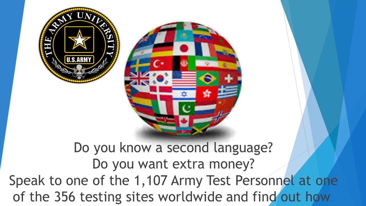 ArmyUniversity's tweet photo. Are You Ready to Make Extra Money?
Do you know a second language?
Do you want extra money?
Speak to one of the 1,107 Army Test Personnel at one of the 365 testing sites worldwide and find out how.
#ArmyIgnitED #ArmyEdBenefits #ArmyPersonnelTesting #APT #ArmyEdCenter #Readiness https://t.co/bojjNEAREx