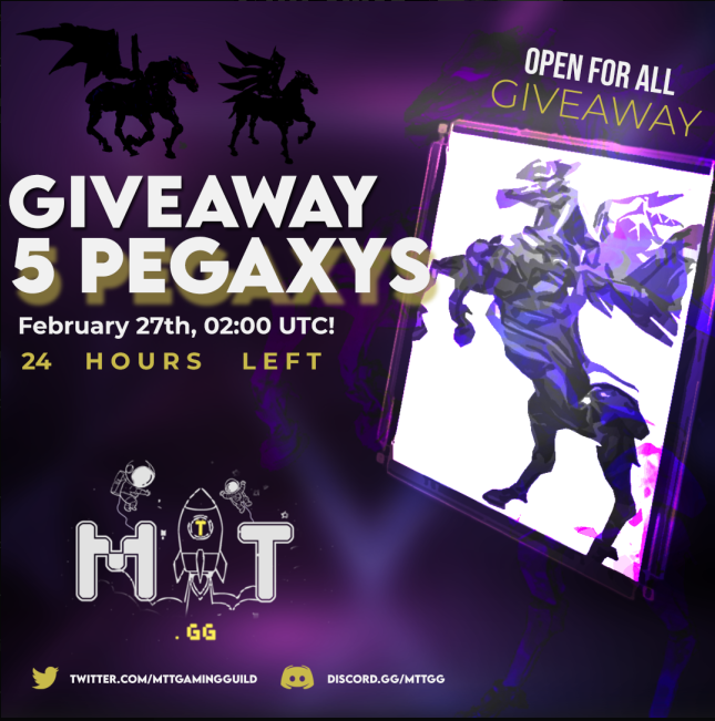 MTTGamingGuild's tweet photo. 5 Pegaxy Scholarship Giveaway. Follow the steps below.

➡️  Follow @MTTGamingGuild @ImperialCrypto1 @ChuckzCrypto on twitter
➡️ Retweet &amp; Like this tweet
➡️ Mention/Tag at least 3 friends
➡️ Join Discord - https://t.co/EIlwzrxtTS
➡️  Fill in this form - https://t.co/Z7JJ1Jxe8v https://t.co/VmXs0ztZhI