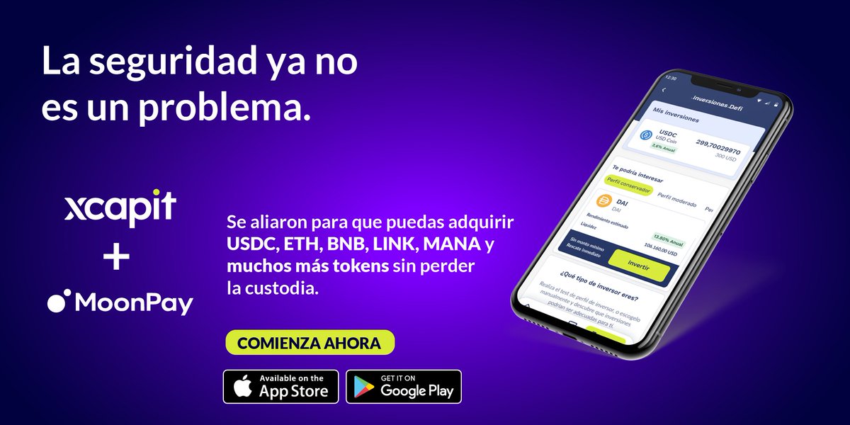 xcapit_'s tweet photo. 🔐 Nos aliamos con @moonpay para que puedas COMPRAR #CRIPTO tranquilo 💳 

¡Así es! Ya puedes adquirir #USDC #ETH #BNB #LINK #MANA y más tokens, en Xcapit, sin perder la custodia. ✅ 🛡️
 
Llegó el día ¡La seguridad ya no es un problema! 😉

#InvierteConInteligencia https://t.co/TYC3VSKBE4