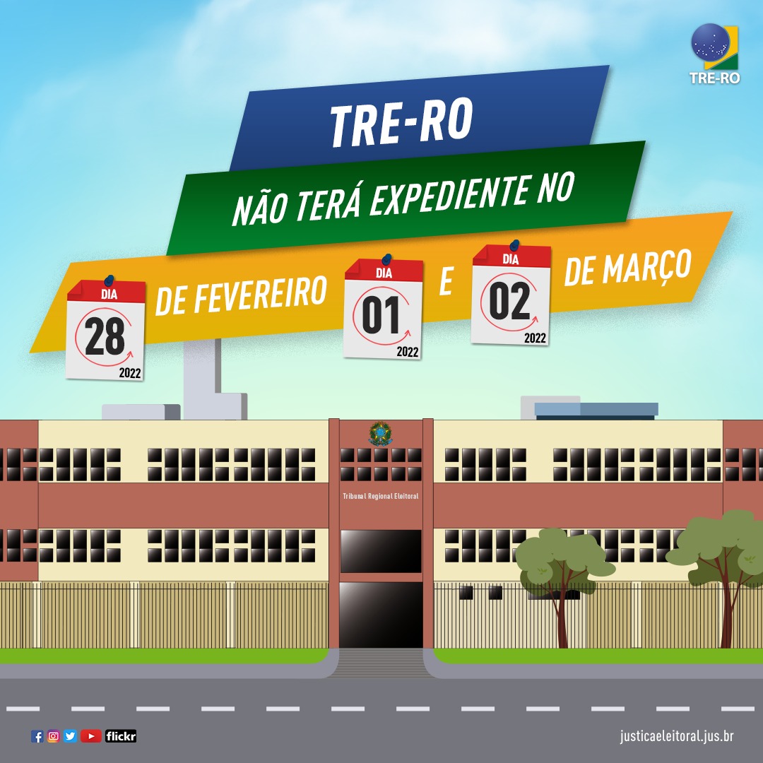 tre_ro's tweet photo. O TRE-RO informa que não haverá expediente na secretaria e zonas eleitorais da capital e interior do estado, nos dias 28 de fevereiro, 1 e 2 de março de 2022, em razão do feriado de carnaval.
O expediente será retomado na quinta-feira, 3 de março. #trero #atendimentoaoeleitor https://t.co/qyTTfZxUB6