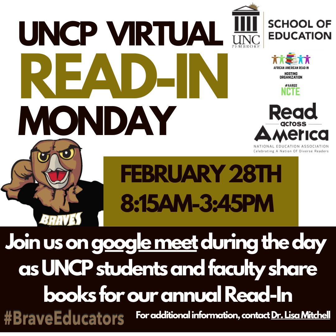 UNCPTeach's tweet photo. Join us as we celebrate a Nation of Diverse Readers for Read Across America and our annual African American Read-In Monday, February 28 8:15am - 3:45 in the School of Education or via google meet. #NCTE #AARI22 #ReadAcrossAmerica #BraveEducators https://t.co/oHwA4LZOaK