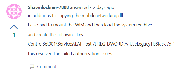 Geez, glad I wasn't working on this THREE days ago... Thanks, Shawnlockner-7808! 

docs.microsoft.com/en-us/answers/…

#ConfigMgr #MEMCM #OSD #8021x
