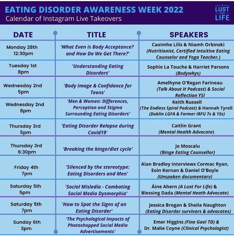 Barry Dempsey (@barrydemps) on Twitter photo One of the hardest to treat mental disorders gets its time in the spotlight this week. <a href="/lustforlife/">A Lust For Life</a> has got it covered with a great array of information by experts in the know <a href="/bodywhys/">Bodywhys</a>
<a href="/Keith_Russell/">Keith Russell</a>
@TheEndSpiral
<a href="/CormacRyan01/">Cormac Ryan</a>
<a href="/MalieCoyne/">Dr. Malie Coyne 🇦🇪🇦🇪🇦🇪</a>
#EatingDisordersAwarenessWeek One of the hardest to treat mental disorders gets its time in the spotlight this week. <a href="/lustforlife/">A Lust For Life</a> has got it covered with a great array of information by experts in the know <a href="/bodywhys/">Bodywhys</a>
<a href="/Keith_Russell/">Keith Russell</a>
@TheEndSpiral
<a href="/CormacRyan01/">Cormac Ryan</a>
<a href="/MalieCoyne/">Dr. Malie Coyne 🇦🇪🇦🇪🇦🇪</a>
#EatingDisordersAwarenessWeek