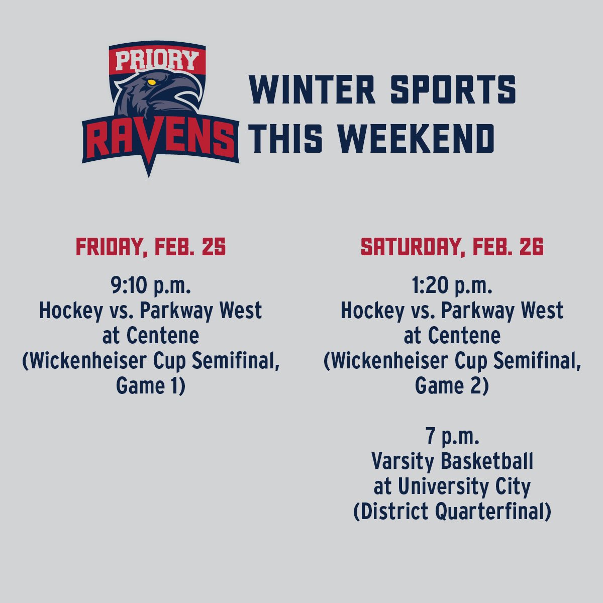 PrioryAthletics's tweet photo. Have a great weekend, everyone! Go Ravens!

Additional information:
• 🏀: Digital tickets only, visit https://t.co/160lcXML3C to purchase
• 🏀: Streaming at https://t.co/xWBCxFNUJK
• 🏒: Admission is $5 https://t.co/9YDlTARR9N