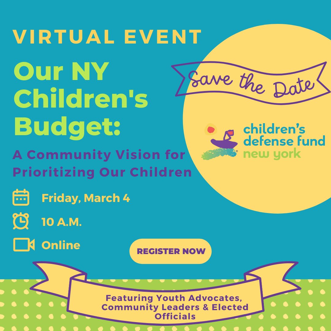 CDFNewYork's tweet photo. SAVE THE DATE!

🗓️: Friday, March 4
⏰: 10 A.M.

Join Team @CDFNewYork, youth advocates, community leaders &amp; State elected officials for "Our New York Children's Budget: A Community Vision for Prioritizing Our Children."

⭐️ Register to join us virtually: https://t.co/fypUn7t0A3 https://t.co/7Kru1MJQMG