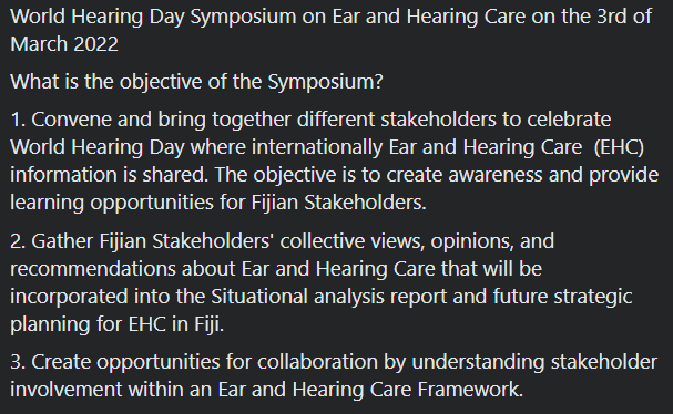 FrankHiltonOrg's tweet photo. The World Hearing Day Symposium on Ear and Hearing Care in Fiji will be held this Thursday. Click on the link below to ensure you're part of the conversation!

https://t.co/2vKNhod5OH

#collaborationiskey #safelistening #worldhearingday #hearingcare #FHOsupportsEHC #ToHearforLife https://t.co/tiqmACe4mp