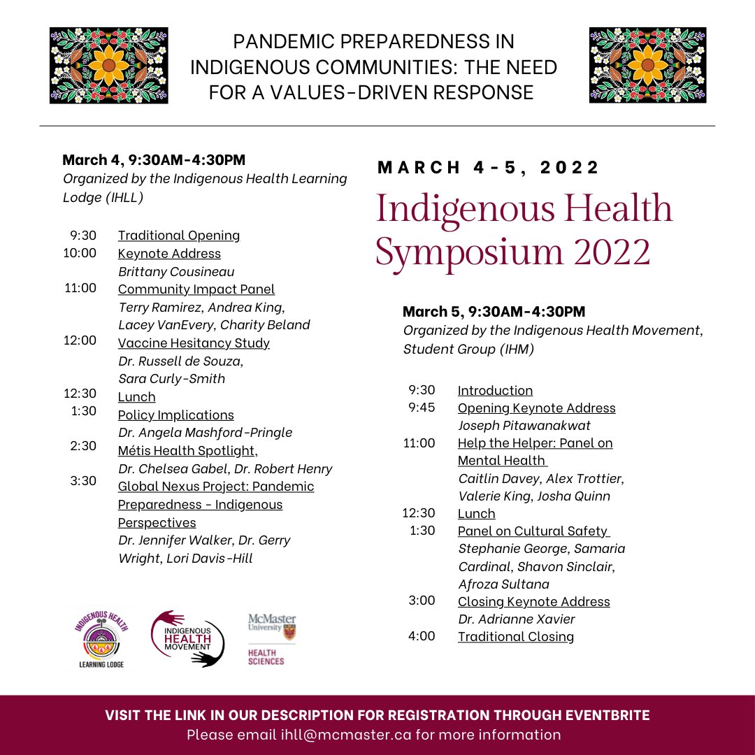McMasterIHLL's tweet photo. Registration is now available for the 2022 Indigenous Health Symposium taking place March 4-5!

FREE for McMaster students and Elders; $20 for all other participants.

Registration is through Eventbrite at: https://t.co/UE0vAzLySP https://t.co/sa8oShwqyk