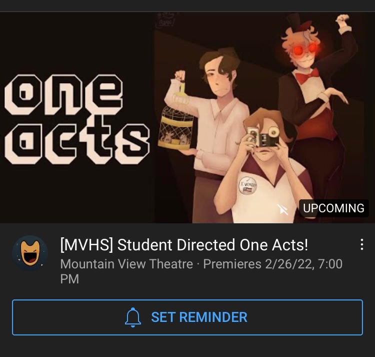 Grab your popcorn!
We’ve finally got our recordings of 12 Angry Men and One Acts on Youtube! 12 Angry Men will be premiering tonight at 7, and One Acts will be premiering Saturday. 

Captions will be available for these shows soon!

Happy watching! 🎭✨