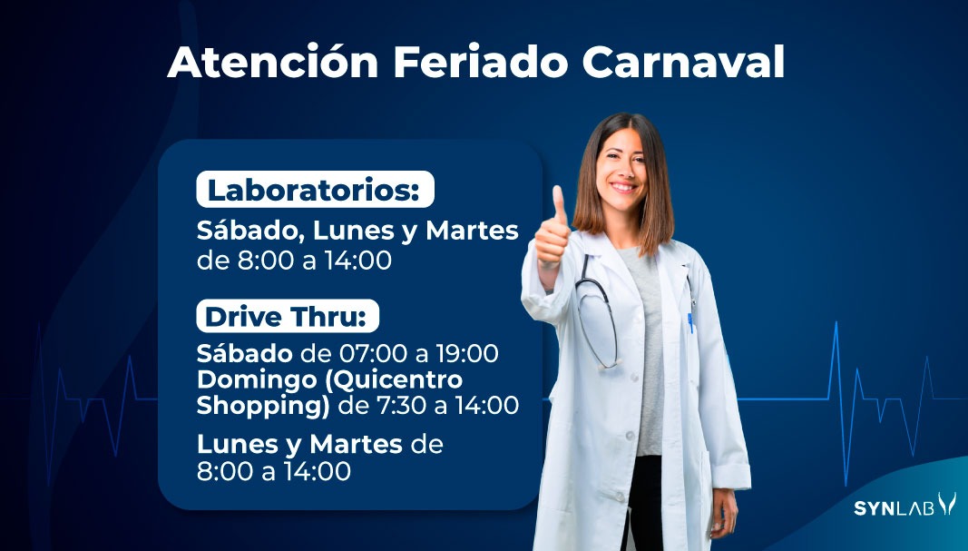 Informamos sobre los horarios de atención por el feriado de Carnaval 👩‍⚕️.

#SynlabEcuador #Horarios #Feriado