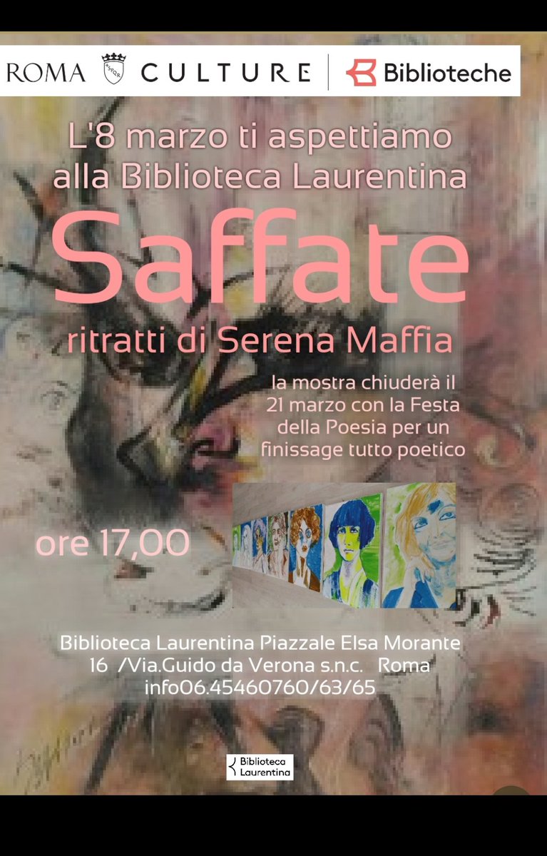 Saffate ritratti di poetesse di Serena Maffia dall'8 al 21 marzo Sala esposizioni Biblioteca Laurentina Piazza Elsa Morante a Roma. Vernissage 8 marzo ore 17,00