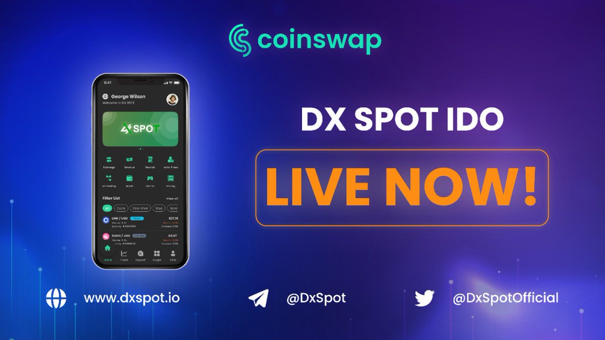 Good News!! ✅

💥Dx Spot IDO is now LIVE on <a href="/CoinSwap_Space/">Coinswap Space</a> 💥

The Dx Spot IDO is already here! Connect your wallets now to SpacePad and participate! 🚀

Head to 👉 app.coinswap.space/#/ido/dxspot/r… 👈

Do not miss this great opportunity! 👍