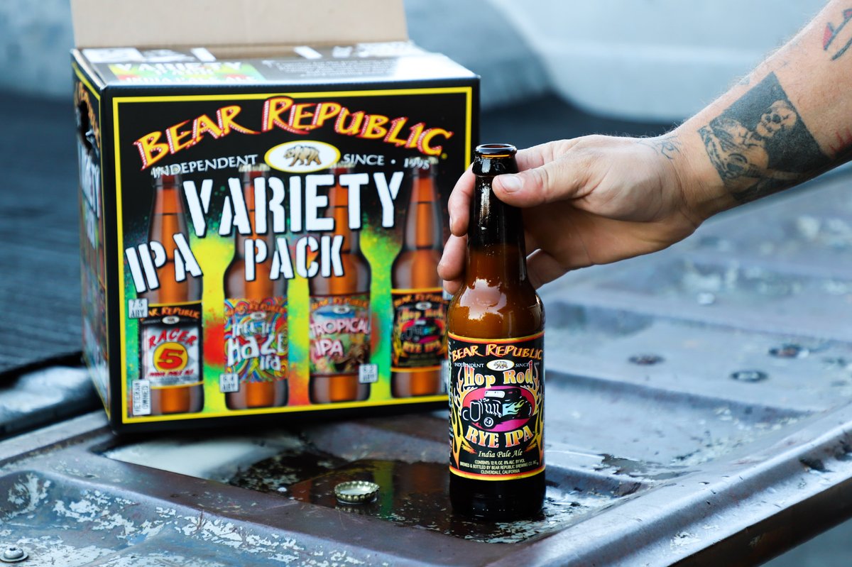 BearRepublic's tweet photo. Our first ever IPA Variety Pack is here! Available online and at our pub, and making its way to retail stores as we speak. It includes Racer 5, Thru The Haze, Hop Rod Rye and our newest ale, Tropical IPA. #varietypack #ipalovers #ipaallday https://t.co/FIdN8ygI3Z https://t.co/9EqAOrFavH