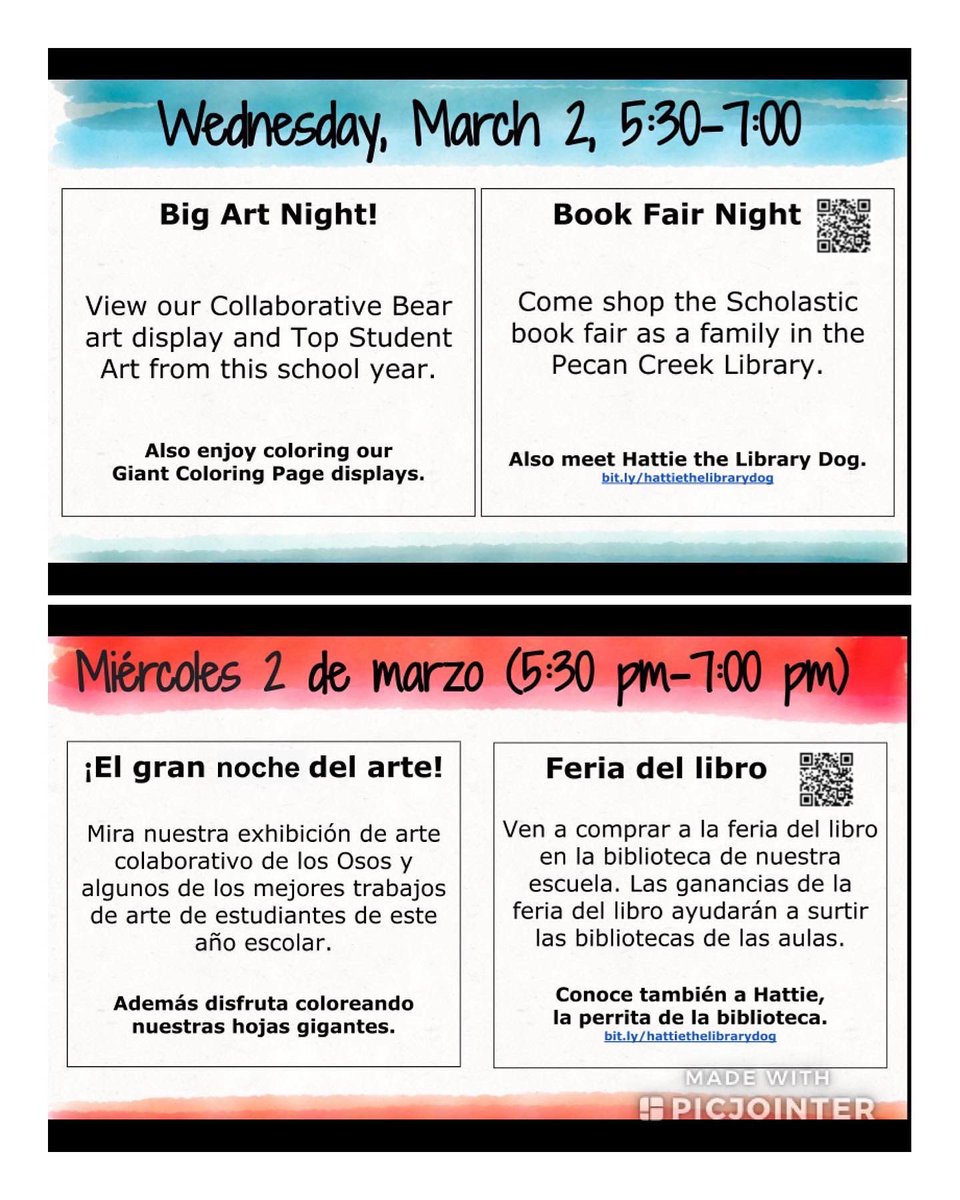 Let’s celebrate the love of stories during Read Across America week and come out for Big Art and Book Fair Family Night: Wednesday, March 2, 5:30-7 #dentonisdlib #hattiethelibrarydog