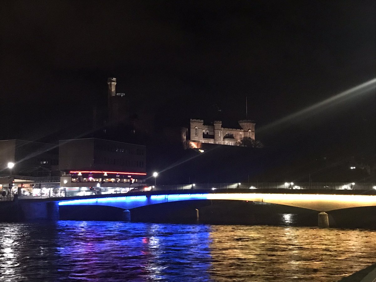 Walking past Ness Bridge and great to see it lit up again blue and yellow in solidarity with Ukraine. #ukraine