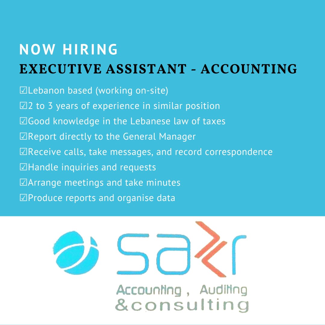roorii's tweet photo. SAKR Accounting, Auditing, and Consulting are now HIRING! 👨‍💻👩‍💻
If interested, please send me your CV in a message. If you know someone who would be a good fit, please share with /tag them below 🙏 #Lebanon #Accounting #ExecutiveAssistant https://t.co/ldxyVp2Qap