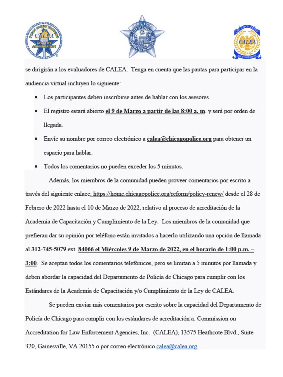 PoliciaChicago's tweet photo. Miembros de la comunidad están invitados a asistir a una sesión informativa por parte del departamento de Policía de Chicago y su proceso de re-acreditación @ CALEA_org. La sesión pública sera por medio de zoom el miércoles 9 de marzo de 5pm- 7pm. Haga click aquí👇🏻 https://t.co/VkVWIaOD6A