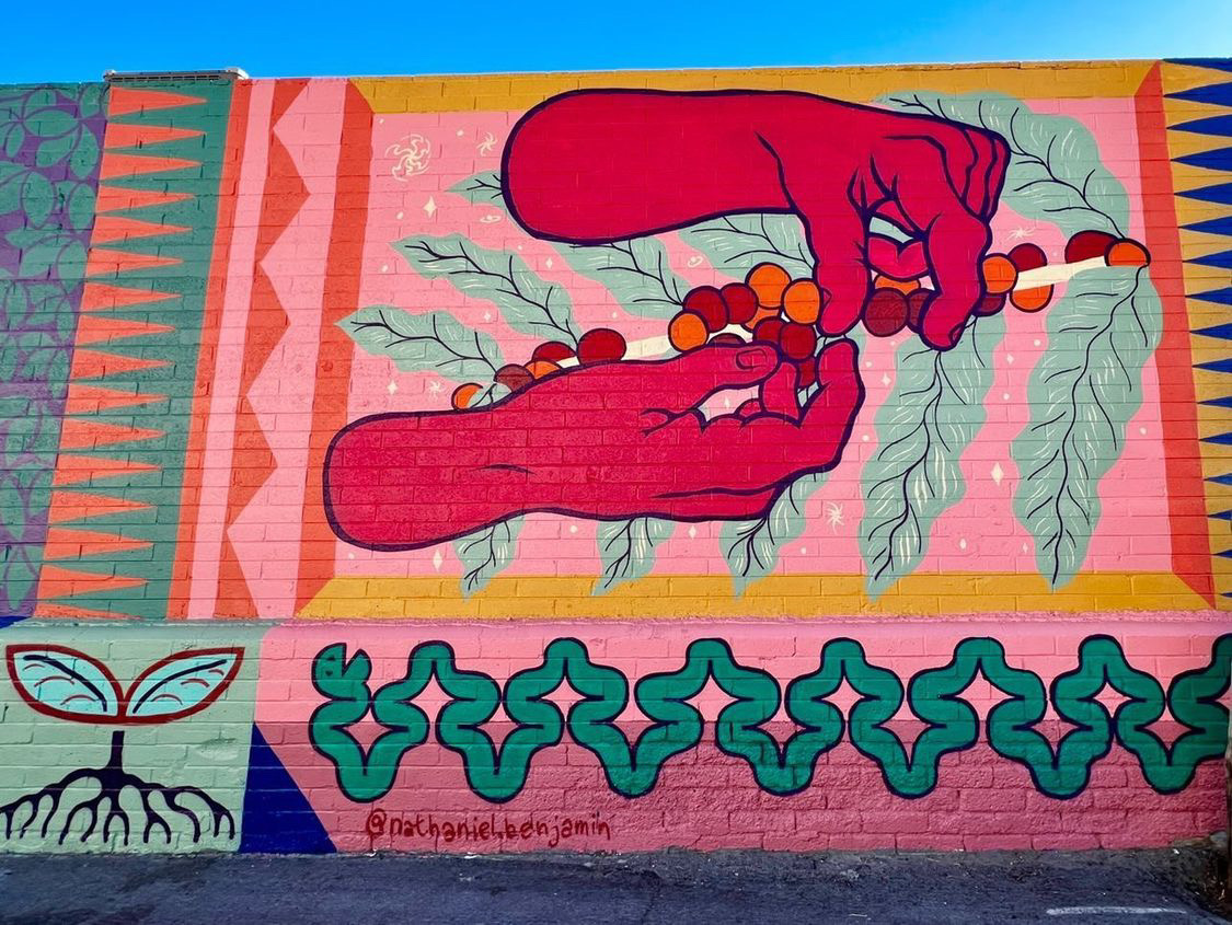 CityOfLasVegas's tweet image. .@VestaCoffee has a new mural 😍

Created by Nathaniel Benjamin, it is dedicated to the who harvest coffee beans, their time &amp;amp; work ☕️