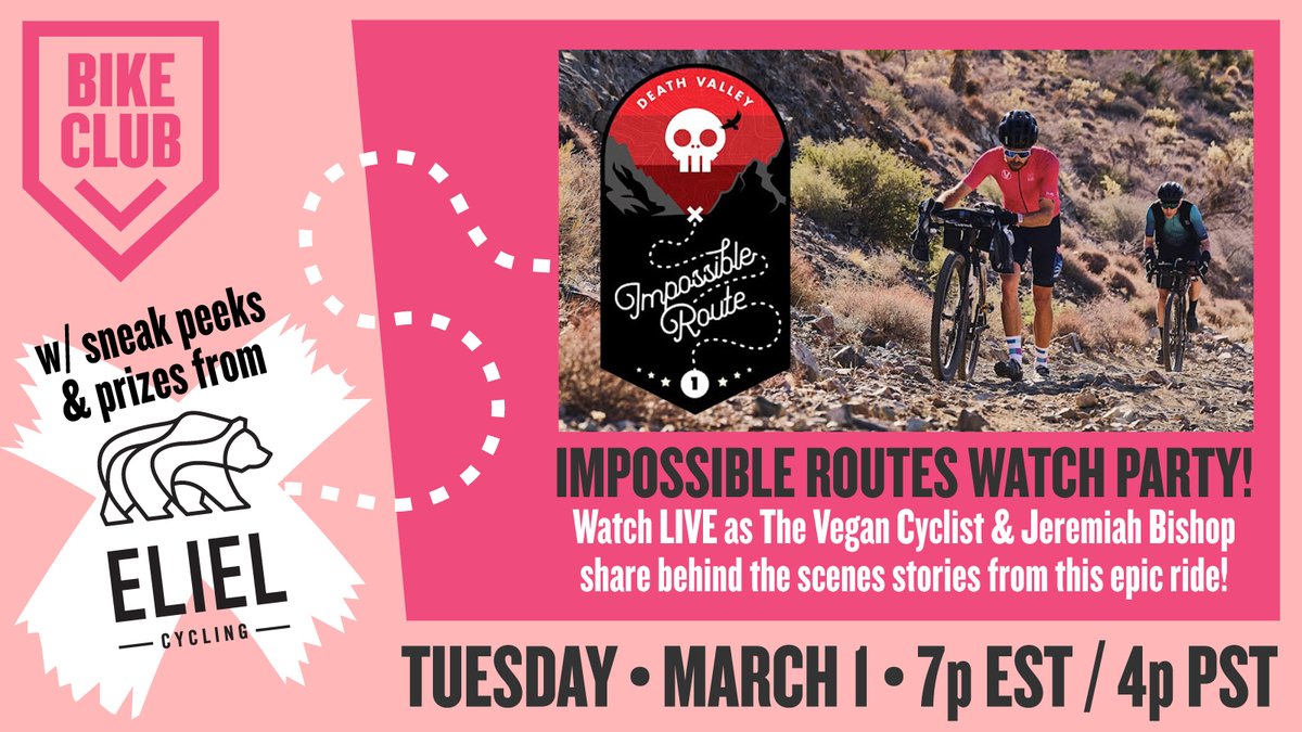 Watch Party!!!

Join The Vegan Cyclist &amp; <a href="/JeremiahBishop/">Jeremiah Bishop</a> for live commentary on Impossible Route: Death Valley!

Behind-the-Scenes stories, jokes &amp; more + first reveal of the new Fruit Fondo kit by <a href="/ElielCycling/">Eliel Cycling</a> (plus PRIZES!!!)

Tues • Mar 1 • 7p EST👇deets in thread👇