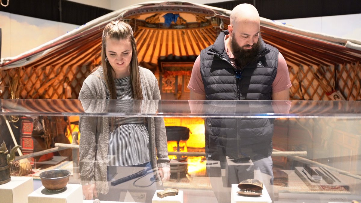 #ScavengerHunt time!
Test your #MuseumofIdaho #GenghisKhan knowledge to see if you can find the artifact described below:
This is the only artifact in the exhibit containing a depiction of Mongolia’s landscape. What is it?
Hint: You can only see it at eye level.