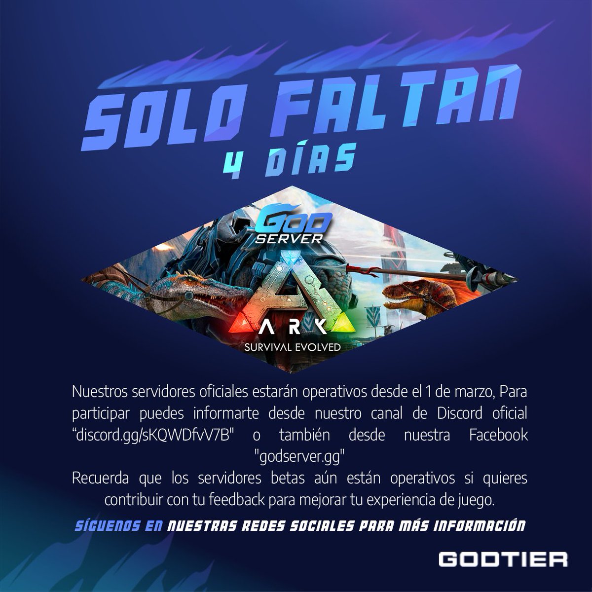 Solo faltan 4 días, para que habrá nuestros servidores, si quieres saber cómo participar de esta movida visita nuestro Facebook: Godserver.gg ❤️. 
 
¡No te lo pierdas te estamos esperando 📥! 

#facebook #facebookgroup #ark #servers #discordserver #survival