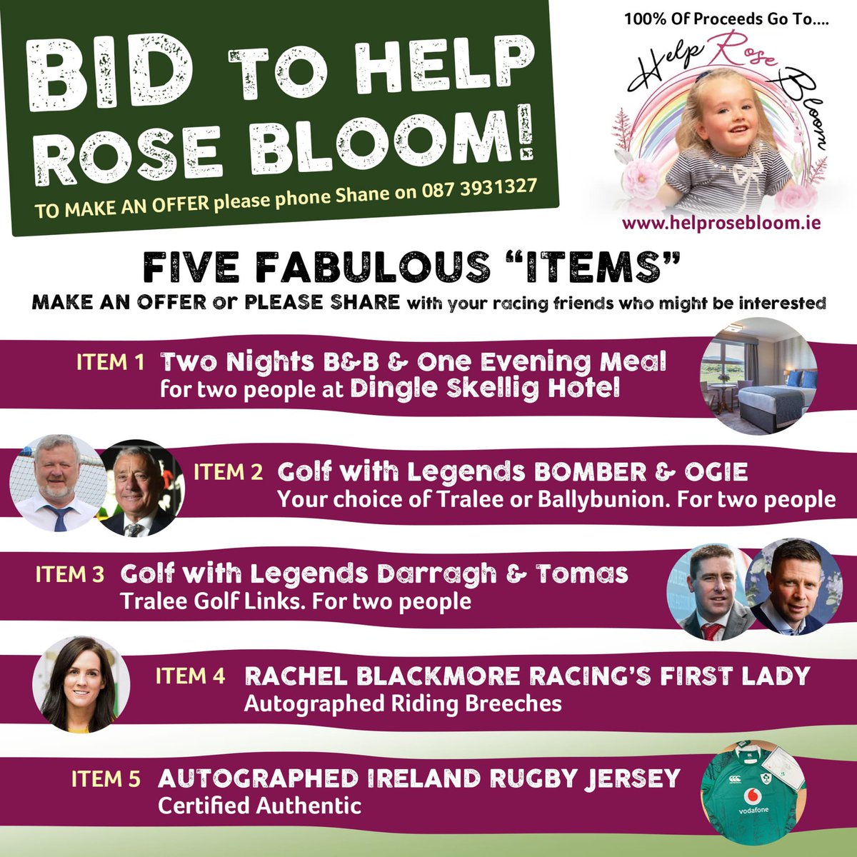 Have a look at the amazing prizes which we are auctioning for our Cheltenhan preview night next Thursday to support the Help Rose Bloom fund.. see helprosebloom.ie for more details about charity @92bryan92 @gelliott_racing @jackkennedy15 @TomCoop77377049 @patcashhealy