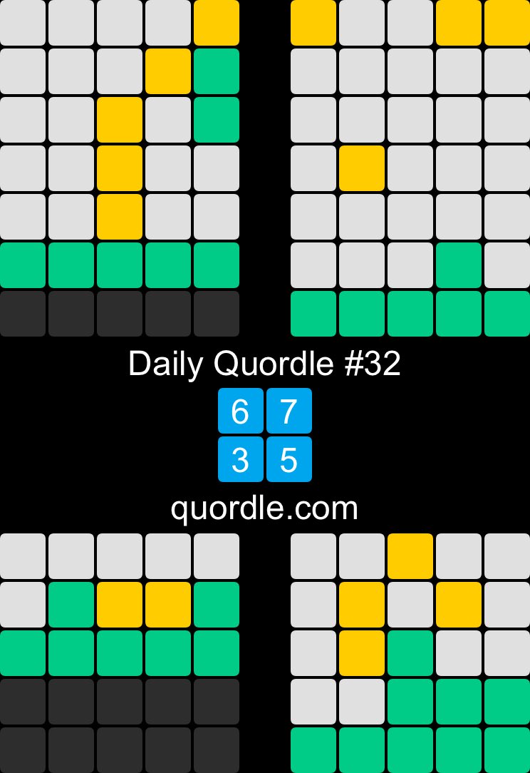Daily Quordle #32 - success!
6️⃣7️⃣
3️⃣5️⃣
quordle.com