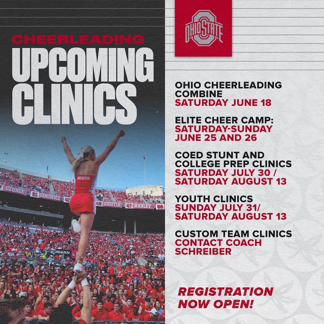 OSU_SpiritSquad's tweet photo. We are very excited to announce registration is now open for our summer camps and clinics! Further details here: https://t.co/8JixZsaiWB #cheerleading #collegecheer #allstarcheer #gobucks #ohiostate #buckeyes #cheercamp #getrecruited #partnerstunt https://t.co/Fm2mC1ZVdp