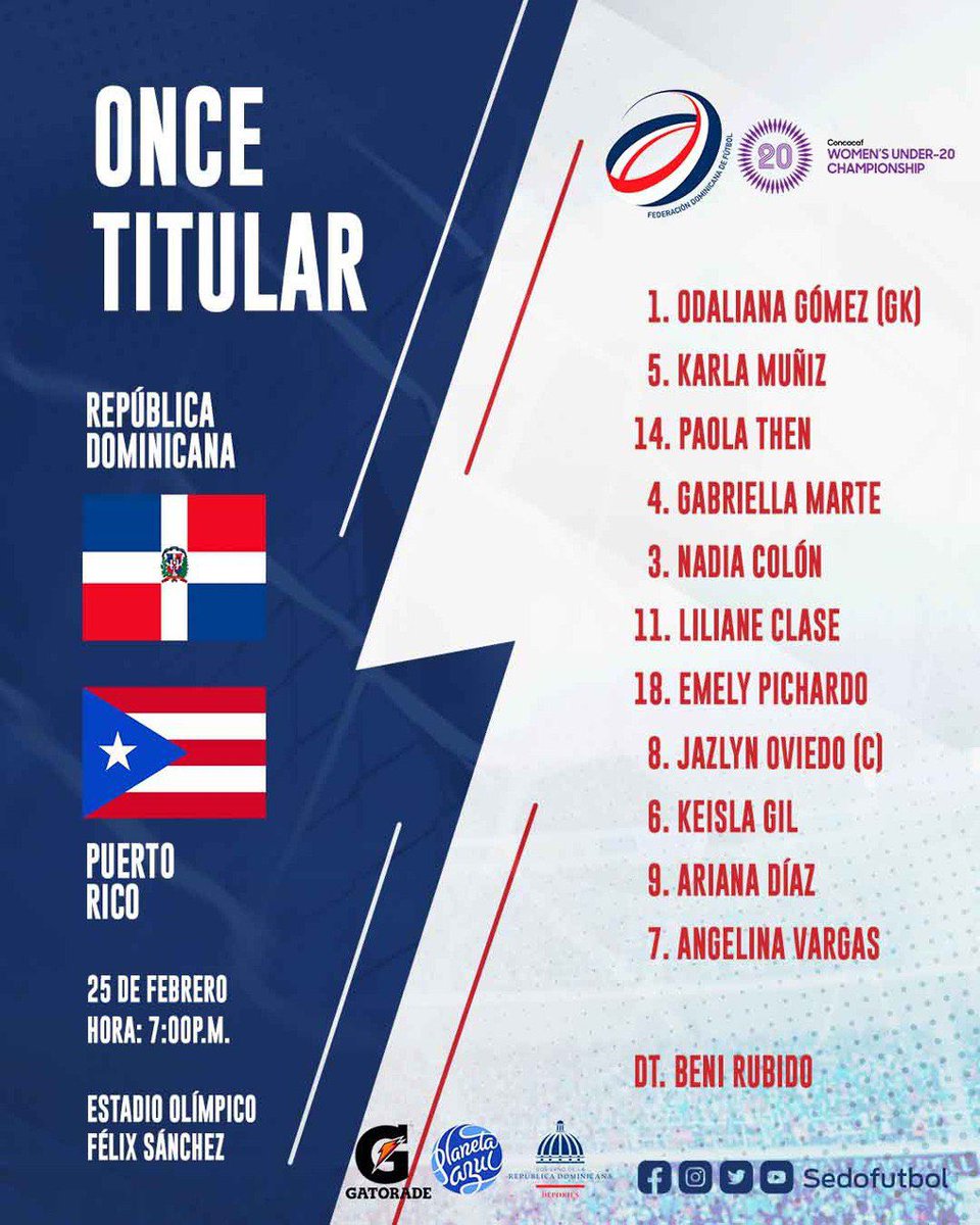 #Femenino| ¡Once definido! ⚽️💥🇩🇴

Este es el XI inicial de la Rep. Dominicana en su debut ante Puerto Rico en el Campeonato Sub 20 Femenino de Concacaf ✍🏼✅⚽️

⏰ 7:00 PM 💻 YouTube Concacaf y ESPN 

#LaSeleccionNosUne #VamosRD