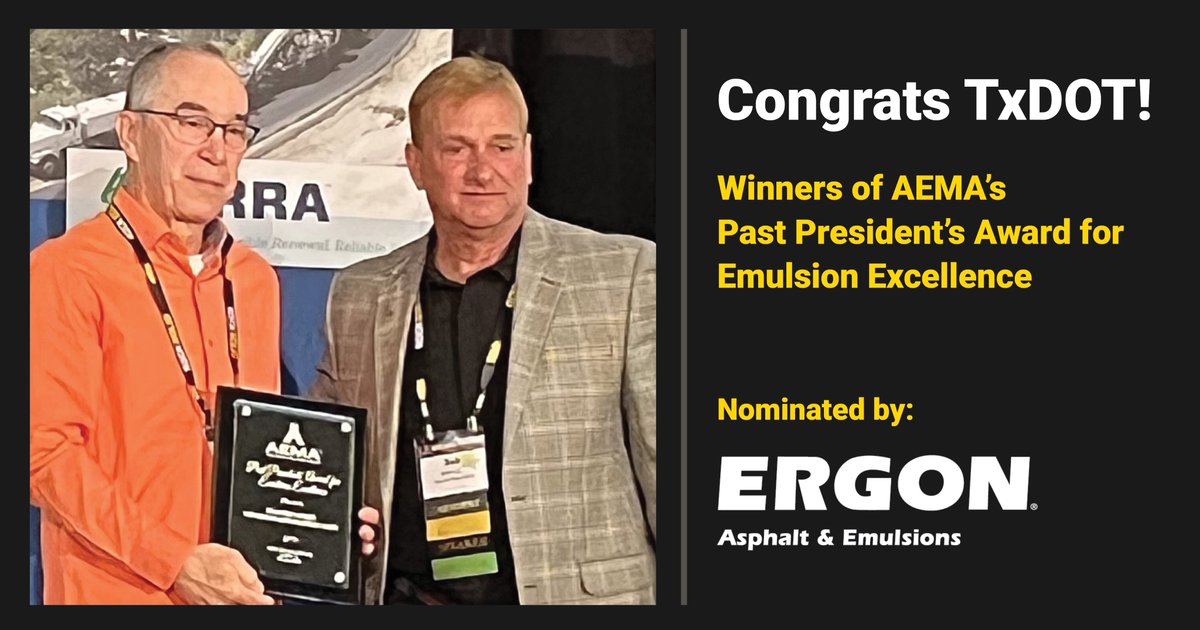 ergonasphalt's tweet photo. Ergon A&E's David Kopp accepts the @AEMAhq Past President's Award for Emulsion Excellence on behalf of @TxDOT for their I-10/Crockett County micro surfacing project. Congrats TxDOT! And thanks to AEMA President Bob Huitt! #microsurfacing https://t.co/XdfS7BByTe