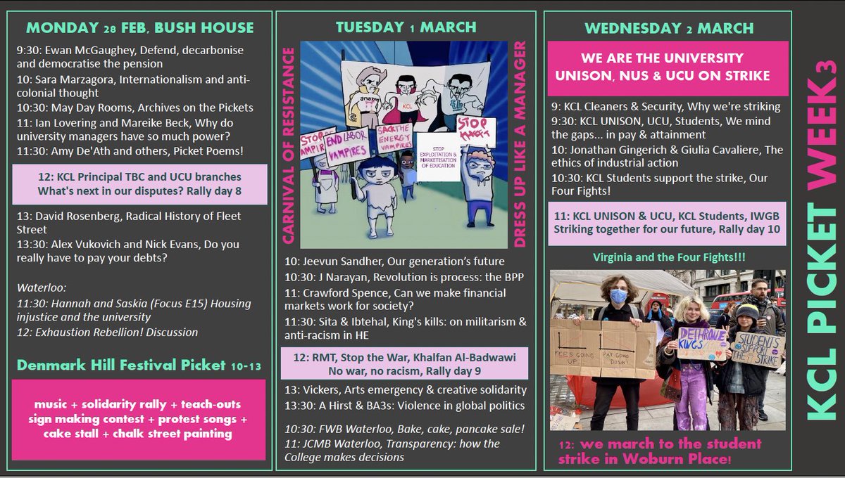 We're tired, angry, but we're not going anywhere. Among all the amazing topics &amp; activities in week 3: a cross-branch rally on the next steps with Prof Kapur TBC, a carnival of resistance, a rally against war &amp; racism and last but not least our strike with <a href="/KCLUnison/">KCL UNISON</a> &amp; @kcl_ssts!