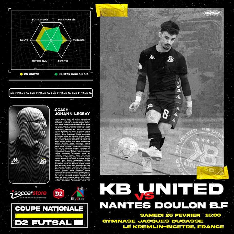 KBUnitedFutsal's tweet photo. ⏳ Coupe Nationale Futsal

📅 Samedi 26 Février 2022
🏆 Coupe Nationale Futsal - 16ème
🆚️ Nantes Doulon BF
🏴‍☠️ Gymnase Jacques Ducasse
🕑 Coup d'envoi 16h

#KbUnited #CNF #NeverGiveUp

⚪️⚫️🔥 https://t.co/6UVjudaP82
